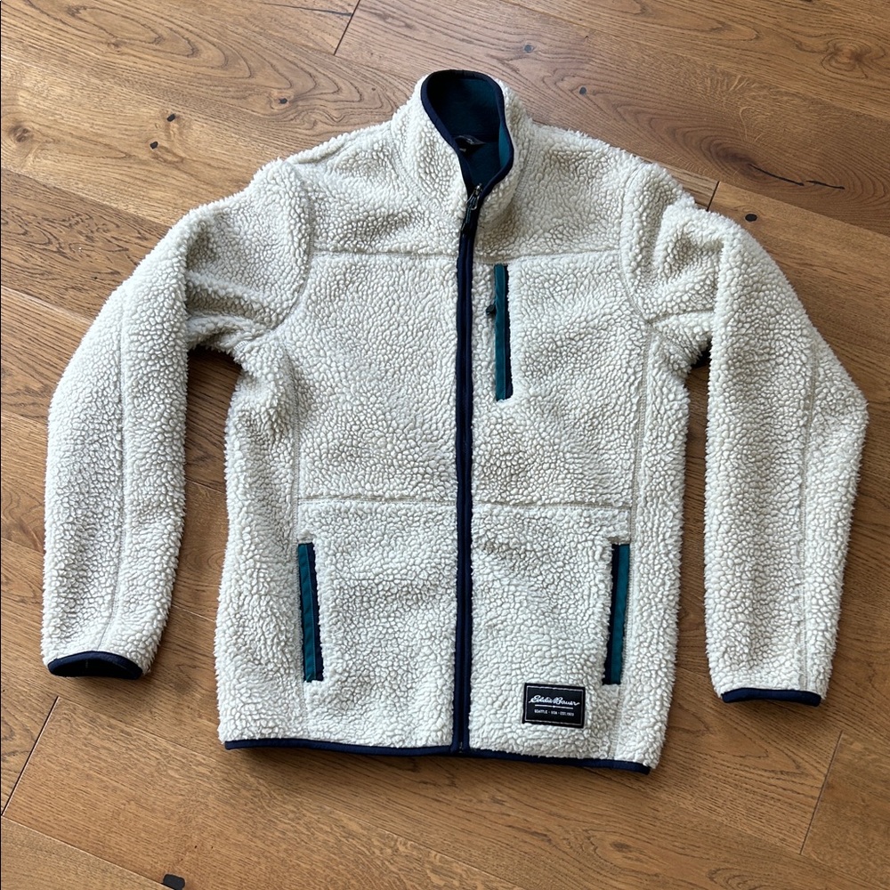 Eddie Bauer Cream Sherpa Fleece Jacket with Navy Trim